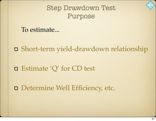 Step Drawdown Test
Purpose
To estimate...
Short-term yield-drawdown relationship
Estimate ‘Q’ for CD test
Determine Well Efﬁciency, etc.
21
 