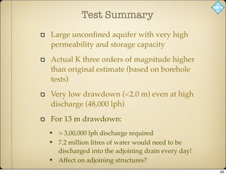 Test Summary
Large unconﬁned aquifer with very high
permeability and storage capacity
Actual K three orders of magnitude higher
than original estimate (based on borehole
tests)
Very low drawdown (<2.0 m) even at high
discharge (48,000 lph)
For 13 m drawdown:
• > 3,00,000 lph discharge required
• 7.2 million litres of water would need to be
discharged into the adjoining drain every day!
• Affect on adjoining structures?
34
 