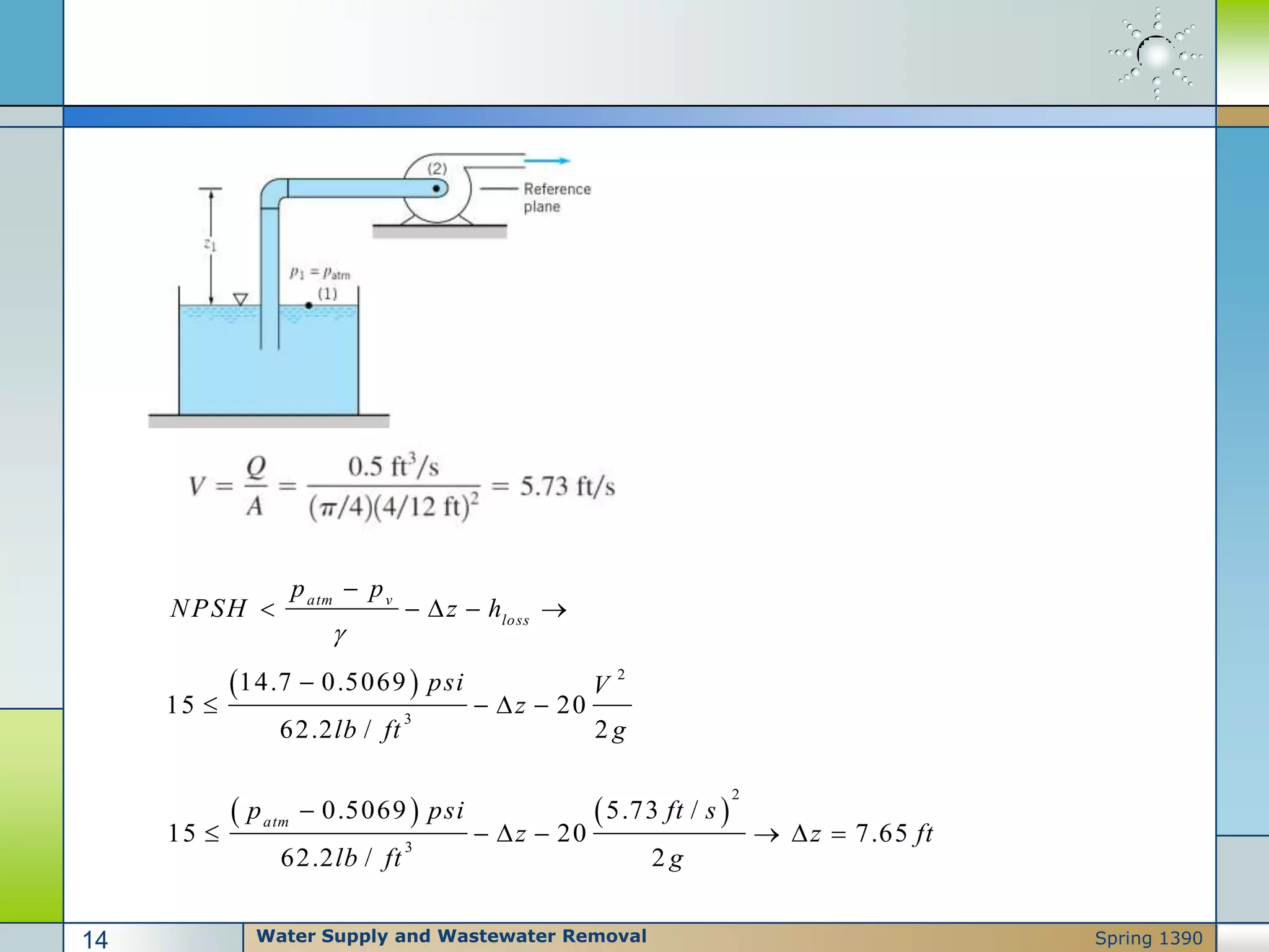   2
3
14.7 0.5069
15 20
62.2 / 2
atm v
loss
p p
NPSH z h
psi V
z
lb ft g


    

   
   
2
3
0.5069 5.73 /
15 20 7.65
62.2 / 2
atm
p psi ft s
z z ft
lb ft g

      
Water Supply and Wastewater Removal14 Spring 1390
 