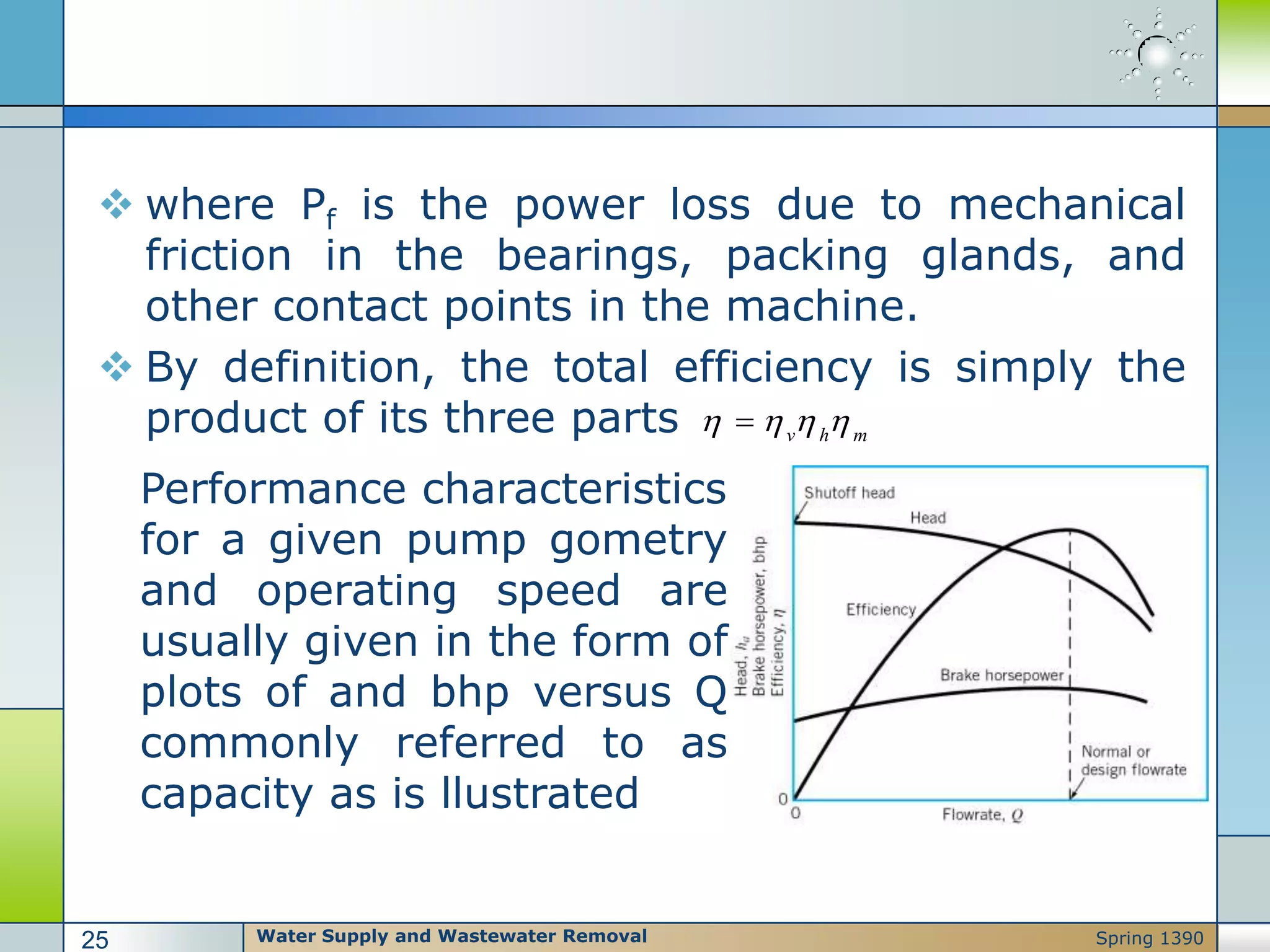  where Pf is the power loss due to mechanical
friction in the bearings, packing glands, and
other contact points in the machine.
 By definition, the total efficiency is simply the
product of its three parts v h m
   
Performance characteristics
for a given pump gometry
and operating speed are
usually given in the form of
plots of and bhp versus Q
commonly referred to as
capacity as is llustrated
Water Supply and Wastewater Removal25 Spring 1390
 