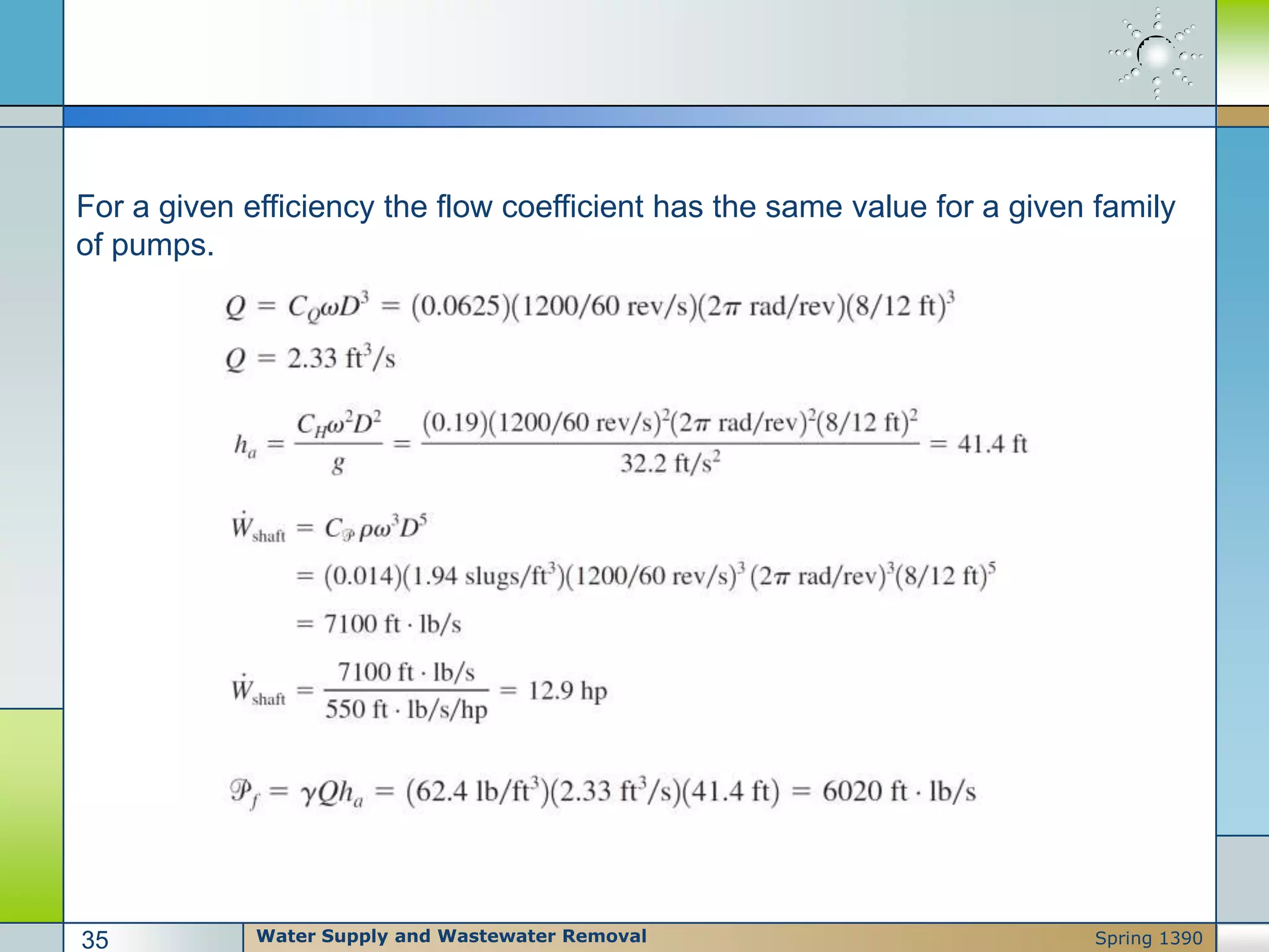 For a given efficiency the flow coefficient has the same value for a given family
of pumps.
Water Supply and Wastewater Removal35 Spring 1390
 