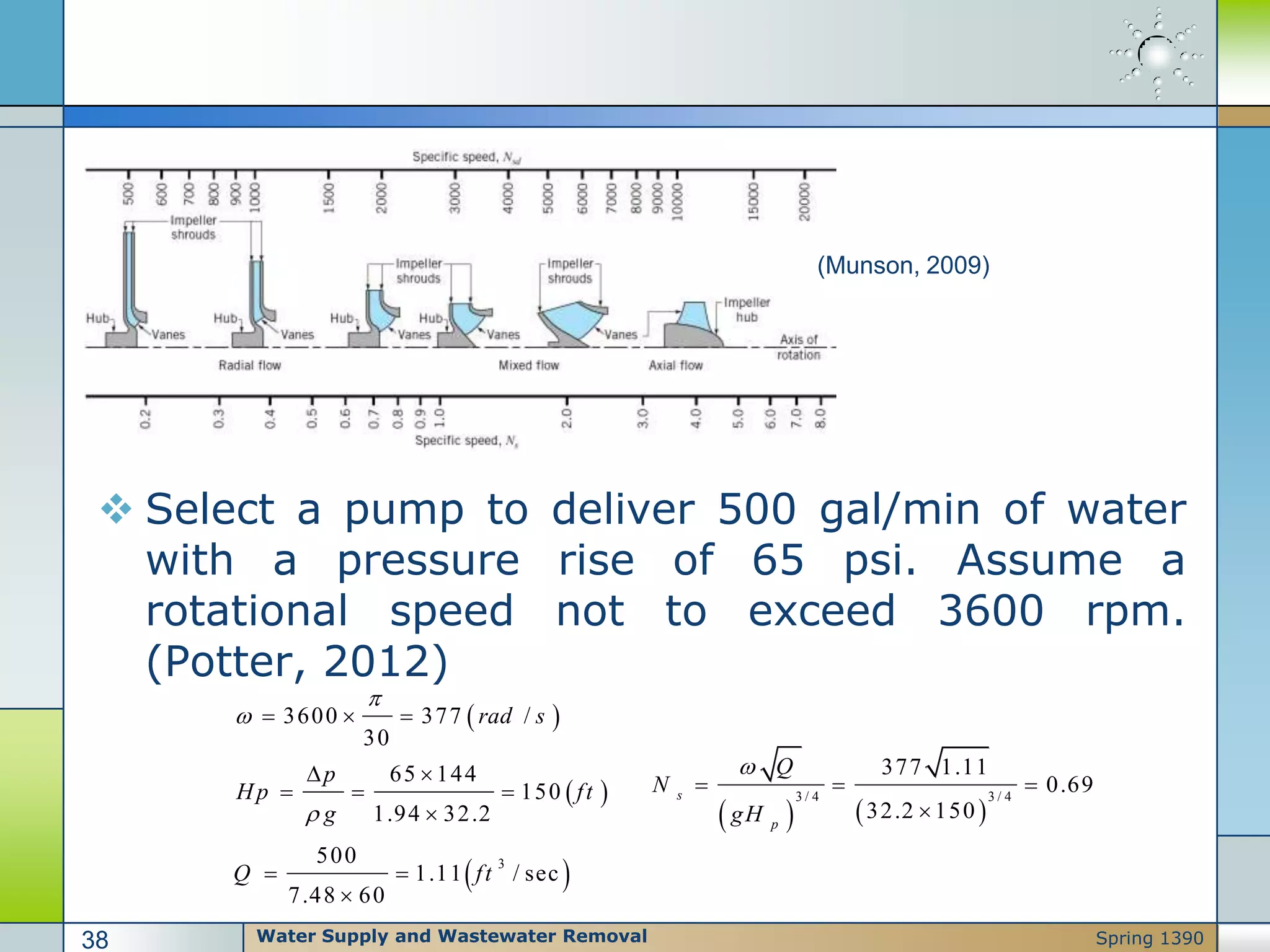  Select a pump to deliver 500 gal/min of water
with a pressure rise of 65 psi. Assume a
rotational speed not to exceed 3600 rpm.
(Potter, 2012)
(Munson, 2009)
 
 
 3
3600 377 /
30
65 144
150
1.94 32.2
500
1.11 / sec
7.48 60
rad s
p
Hp ft
g
Q ft



  
 
  

 

   
3 / 4 3 / 4
377 1.11
0.69
32.2 150
s
p
Q
N
gH

  

Water Supply and Wastewater Removal38 Spring 1390
 