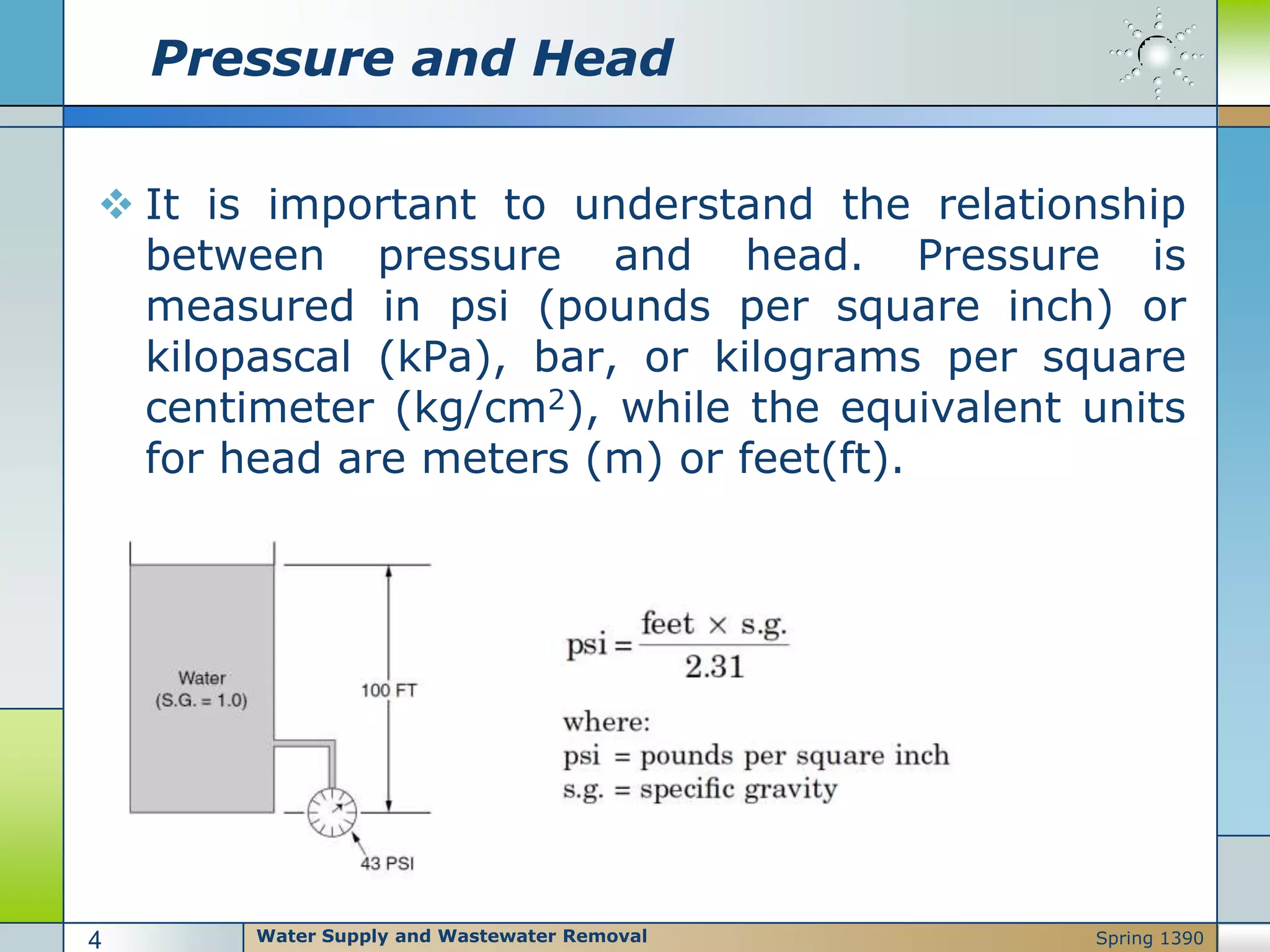 Pressure and Head
 It is important to understand the relationship
between pressure and head. Pressure is
measured in psi (pounds per square inch) or
kilopascal (kPa), bar, or kilograms per square
centimeter (kg/cm2), while the equivalent units
for head are meters (m) or feet(ft).
Water Supply and Wastewater Removal4 Spring 1390
 