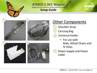 ATMOS S 041 WoundNegative Pressure Wound Therapy (NPWT) SystemSetup GuideOther Components	Shoulder Strap	Carrying Bag	Universal HolderFor use with Beds, Wheel Chairs and IV Poles	Power Supply and Power Cable12123344