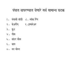 pMpat vaaprNyaat yaoNaaro sava- saamaanya GaTk
1.   pMpacaI baa^DI 8. laa^k irMga
2.   baoArIMga ,    9.[mplaoAr
3.   bauSa
4.   gaIsa
5.   vaa^Tr saIla
6.   vaat
7.   naT baaolT
 