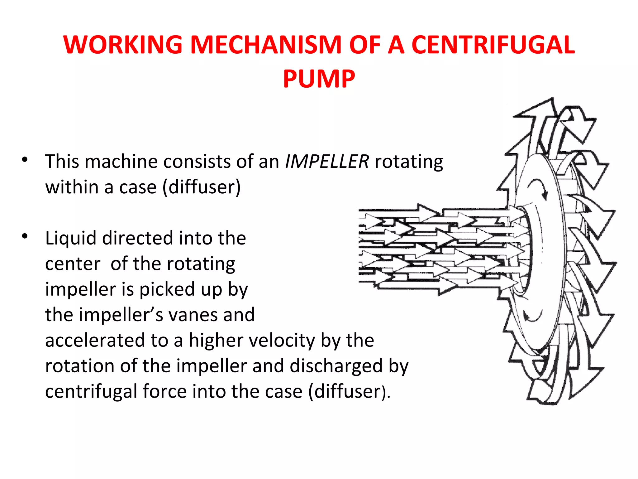 WORKING MECHANISM OF A CENTRIFUGAL
PUMP
• This machine consists of an IMPELLER rotating
within a case (diffuser)
• Liquid directed into the
center of the rotating
impeller is picked up by
the impeller’s vanes and
accelerated to a higher velocity by the
rotation of the impeller and discharged by
centrifugal force into the case (diffuser).
 