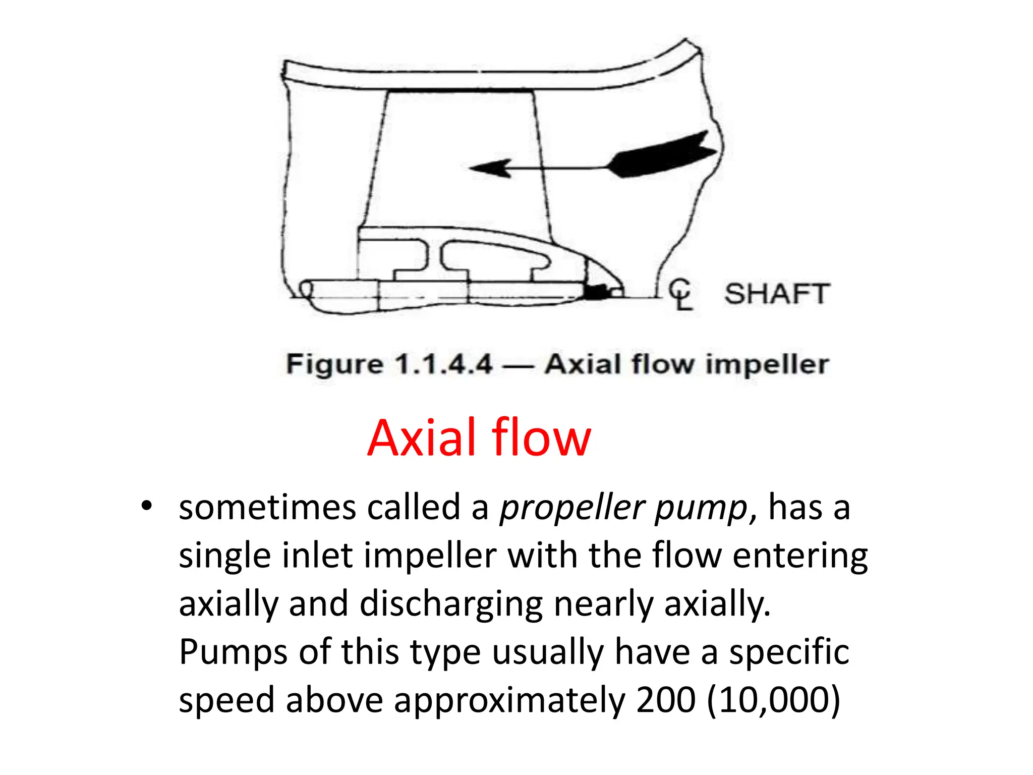 Axial flow
• sometimes called a propeller pump, has a
single inlet impeller with the flow entering
axially and discharging nearly axially.
Pumps of this type usually have a specific
speed above approximately 200 (10,000)
 