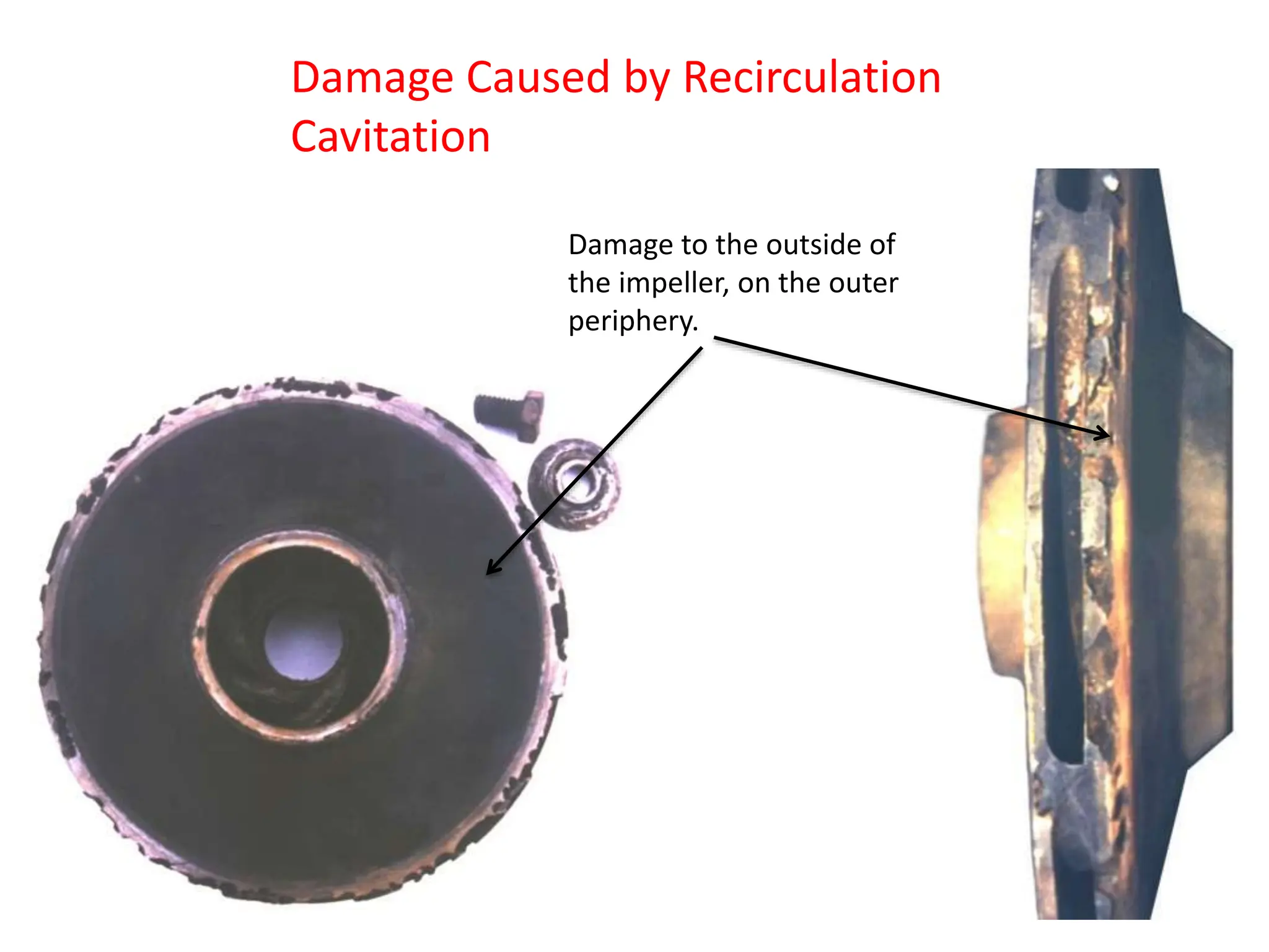 Damage Caused by Recirculation
Cavitation
Damage to the outside of
the impeller, on the outer
periphery.
 