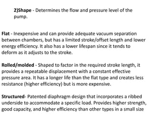 Flat - Inexpensive and can provide adequate vacuum separation
between chambers, but has a limited stroke/offset length and lower
energy efficiency. It also has a lower lifespan since it tends to
deform as it adjusts to the stroke.
Rolled/molded - Shaped to factor in the required stroke length, it
provides a repeatable displacement with a constant effective
pressure area. It has a longer life than the flat type and creates less
resistance (higher efficiency) but is more expensive.
Structured- Patented diaphragm design that incorporates a ribbed
underside to accommodate a specific load. Provides higher strength,
good capacity, and higher efficiency than other types in a small size
2)Shape - Determines the flow and pressure level of the
pump.
 