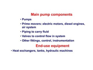 Main pump components
• Pumps
• Prime movers: electric motors, diesel engines,
air system
• Piping to carry fluid
• Valves to control flow in system
• Other fittings, control, instrumentation
End-use equipment
• Heat exchangers, tanks, hydraulic machines
 