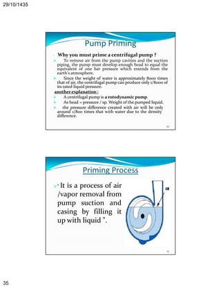 29/10/1435 
35 
Pump Priming 
* Why you must prime a centrifugal pump ? 
 To remove air from the pump cavities and the suction 
piping, the pump must develop enough head to equal the 
equivalent of one bar pressure which extends from the 
earth’s atmosphere. 
 Since the weight of water is approximately 8000 times 
that of air, the centrifugal pump can produce only 1/8000 of 
its rated liquid pressure. 
another explanation:‐ 
 A centrifugal pump is a rotodynamic pump 
69 
pump. 
 As head = pressure / sp.Weight of the pumped liquid. 
 the pressure difference created with air will be only 
around 1/800 times that with water due to the density 
difference. 
Priming Process 
“ It is a process of air 
/vapor removal from 
pump suction and 
casing by filling it 
up with liquid ”. 
70 
. 
 