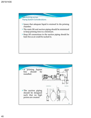 29/10/1435 
40 
Self Priming pumps 
Piping System Considerations 
 Insure that adequate liquid is retained In the priming 
chamber. 
 The static lift and suction piping should be minimized 
to keep priming time to a minimum. 
 Keep All connections in the suction piping should be 
leak‐free as air could be sucked in. 
79 
A priming bypass 
line should be 
installed. 
 The suction piping 
80 
p p g 
should be designed 
such that no high 
points are created 
 