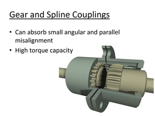 Gear and Spline Couplings
• Can absorb small angular and parallel
misalignment
• High torque capacity
 