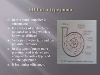  In this pump, impeller is 
surrounded 
 By a series of guide plates 
mounted on a ring which is 
known as diffuser. 
 Velocity of water falls and the 
pressure increases. 
 In this type of pump more 
pressure head is developed 
compare to vortex type and 
volute type pump. 
 It has higher efficiency. 
 