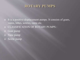  It is a positive displacement pumps. It consists of gears, 
vanes, lobes, screws, cams etc. 
 CLASSIFICATION OF ROTARY PUMPS : 
 Gear pump 
 Vane pump 
 Screw pump 
 