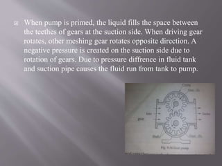 When pump is primed, the liquid fills the space between 
the teethes of gears at the suction side. When driving gear 
rotates, other meshing gear rotates opposite direction. A 
negative pressure is created on the suction side due to 
rotation of gears. Due to pressure diffrence in fluid tank 
and suction pipe causes the fluid run from tank to pump. 
 