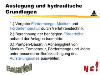 Auslegung und hydraulische
Grundlagen
1.) Vorgabe Fördermenge, Medium und
Fördertemperatur durch Verfahrenstechnik.
2.) Berechnung der benötigten Förderhöhe
anhand der Anlagen-Isometrie.
3.) Pumpen-Bauart in Abhängigkeit von
Medium, Temperatur, Fördermenge und -höhe
unter besonderer Berücksichtigung des
Aufstellungsortes auswählen.
 