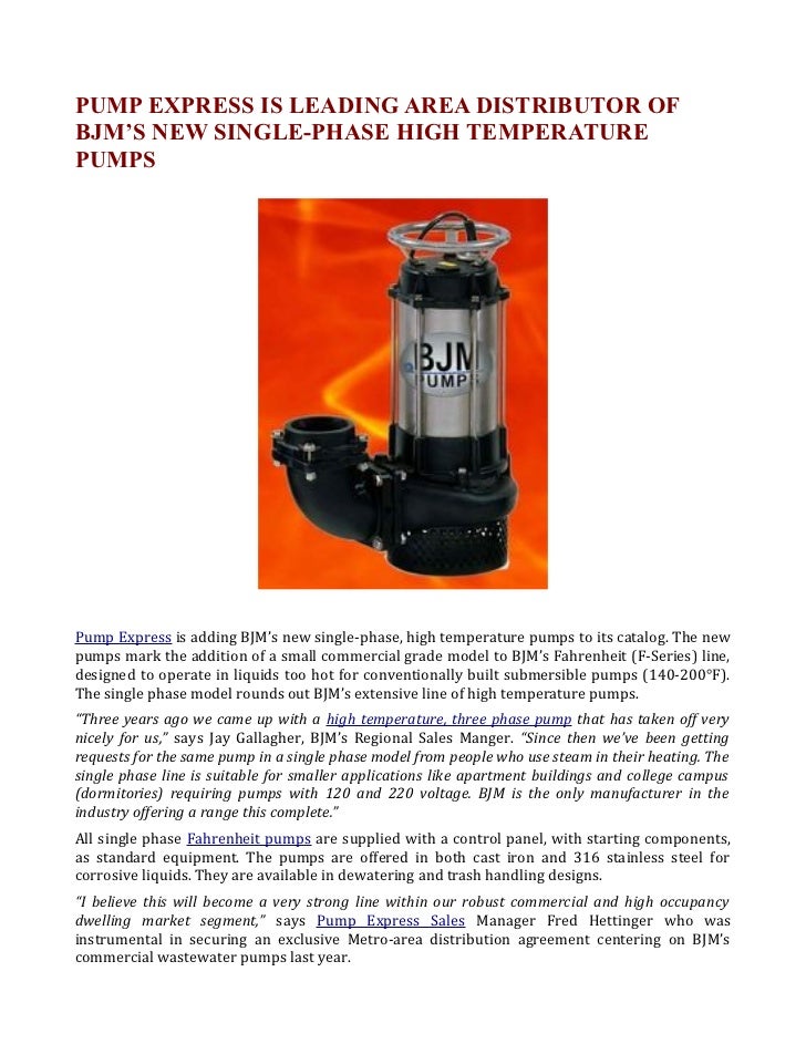 Pump Express is leading area distributor of bjm's new single phase high