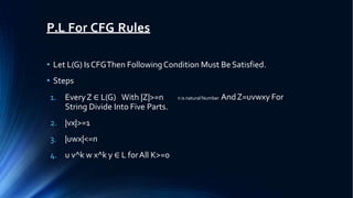 P.L For CFG Rules
• Let L(G) IsCFGThen FollowingCondition Must BeSatisfied.
• Steps
n is natural Number AndZ=uvwxy For
1. EveryZ ∈ L(G) With |Z|>=n
String Divide Into Five Parts.
2. |vx|>=1
3. |uwx|<=n
4. u v^k w x^k y ∈ L forAll K>=0
 
