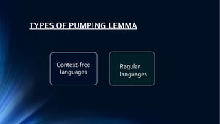 TYPES OF PUMPING LEMMA
Context-free
languages
Regular
languages
 
