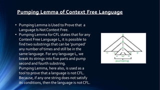 Pumping Lemma of Context Free Language
• Pumping Lemma isUsed to Prove that a
Language Is NotContext Free.
• Pumping Lemma forCFL states that for any
Context Free Language L, it is possible to
find two substrings that can be ‘pumped’
any number of times and still be in the
same language. For any language L, we
break its strings into five parts and pump
second and fourth substring.
Pumping Lemma, here also, is used as a
tool to prove that a language is notCFL.
Because, if any one string does not satisfy
its conditions, then the language is notCFL.
 