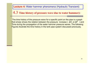 The time history of the pressure wave for a specific point on the pipe is a graph
that simply shows the relation between the pressure increase ( ΔH, or ΔP ) and
Time during the propagation of the water hammer pressure waves. The following
Figures illustrate the time history in the tank pipe system discussed previously.
Lecture 4: Water hammer phenomena (Hydraulic Transient)
4.3 Time history of pressure wave due to water hammer):
23
 