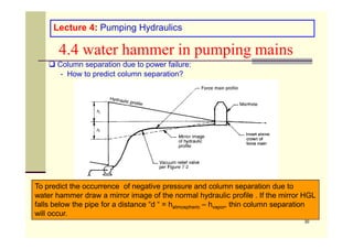 Lecture 4: Pumping Hydraulics
4.4 water hammer in pumping mains
 Column separation due to power failure:
- How to predict column separation?
30
To predict the occurrence of negative pressure and column separation due to
water hammer draw a mirror image of the normal hydraulic profile . If the mirror HGL
falls below the pipe for a distance “d “ = hatmospheric – hvapor, thin column separation
will occur.
 