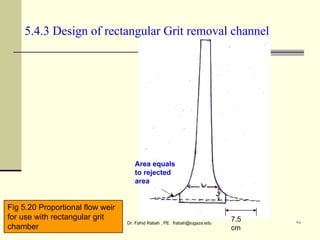 Dr. Fahid Rabah , PE frabah@iugaza.edu ٢٨
7.5
cm
Fig 5.20 Proportional flow weir
for use with rectangular grit
chamber
5.4.3 Design of rectangular Grit removal channel
Area equals
to rejected
area
 