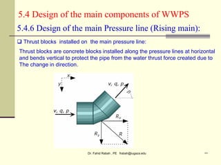 Dr. Fahid Rabah , PE frabah@iugaza.edu ٥٥
5.4 Design of the main components of WWPS
 Thrust blocks installed on the main pressure line:
5.4.6 Design of the main Pressure line (Rising main):
Thrust blocks are concrete blocks installed along the pressure lines at horizontal
and bends vertical to protect the pipe from the water thrust force created due to
The change in direction.
 