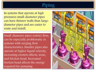 In systems that operate at high
pressures small-diameter pipes
can have thinner walls than large-
diameter pipes and are easier to
route and install.
Piping
Small-diameter pipes restrict flow,
can be especially problematic in
systems with surging flow
characteristics. Smaller pipes also
operate at higher liquid velocity,
increasing erosion effects, wear,
and friction head. Increased
friction head affects the energy
required for pumping
 