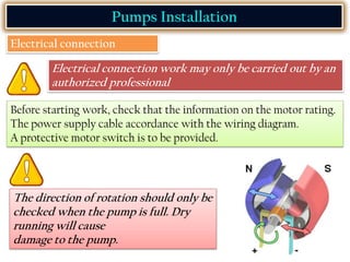 Pumps Installation
Electrical connection
Electrical connection work may only be carried out by an
authorized professional
Before starting work, check that the information on the motor rating.
The power supply cable accordance with the wiring diagram.
A protective motor switch is to be provided.
The direction of rotation should only be
checked when the pump is full. Dry
running will cause
damage to the pump.
 
