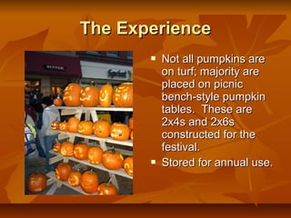 The Experience
          Not all pumpkins are
           on turf; majority are
           placed on picnic
           bench-style pumpkin
           tables. These are
           2x4s and 2x6s
           constructed for the
           festival.
          Stored for annual use.
 