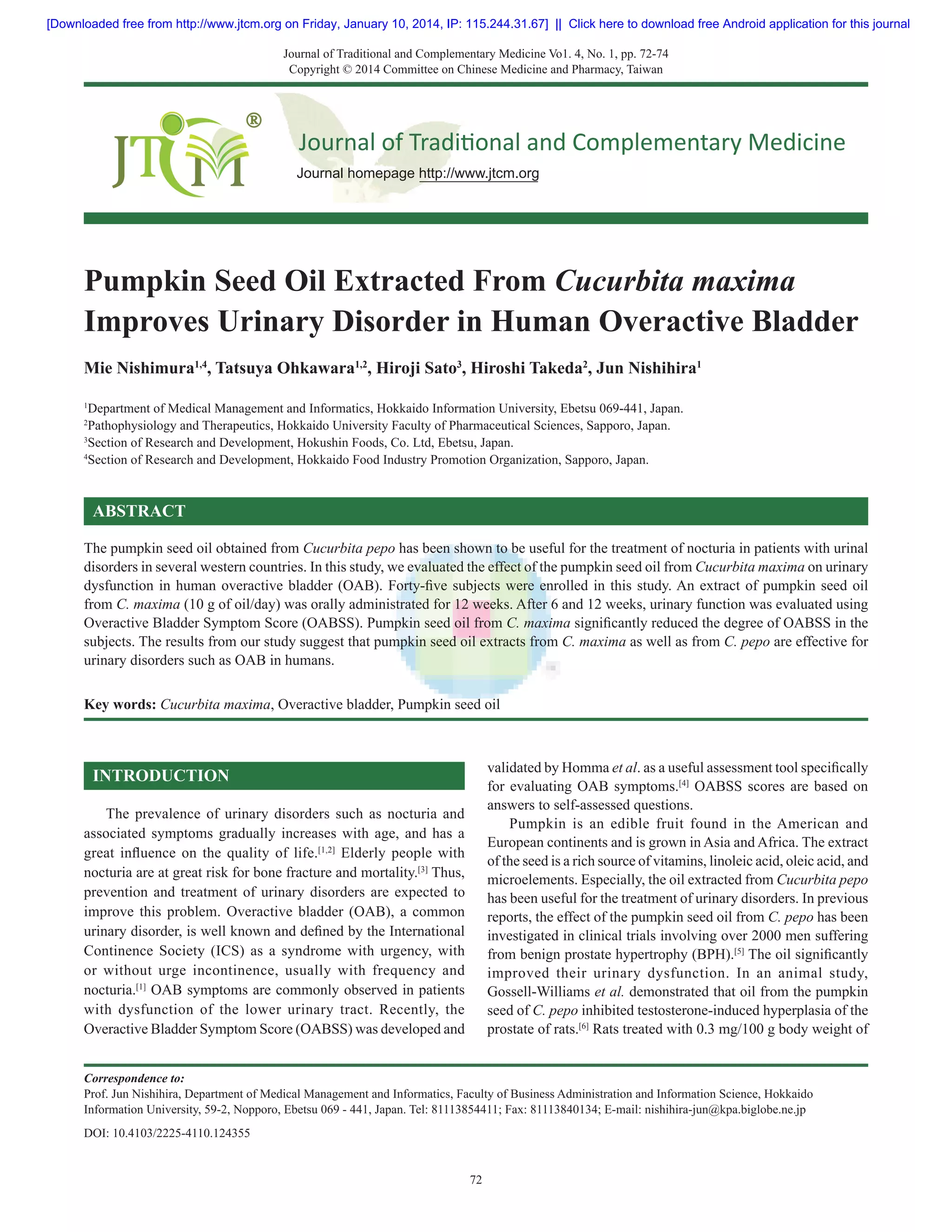 Pumpkin seed oil extracted from cucurbita maxima improves urinary