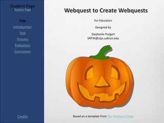 Student Page
 [Teacher Page]
                  Webquest to Create Webquests
     Title                        For Educators

 Introduction                      Designed by
     Task                        Stephanie Purgert
   Process                    SRP34@zips.uakron.edu

  Evaluation
  Conclusion




    Credits         Based on a template from The WebQuest Page
 