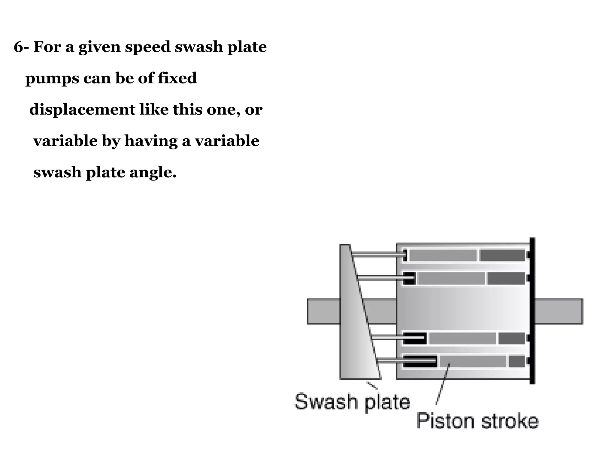 6- For a given speed swash plate
pumps can be of fixed
displacement like this one, or
variable by having a variable
swash plate angle.
 