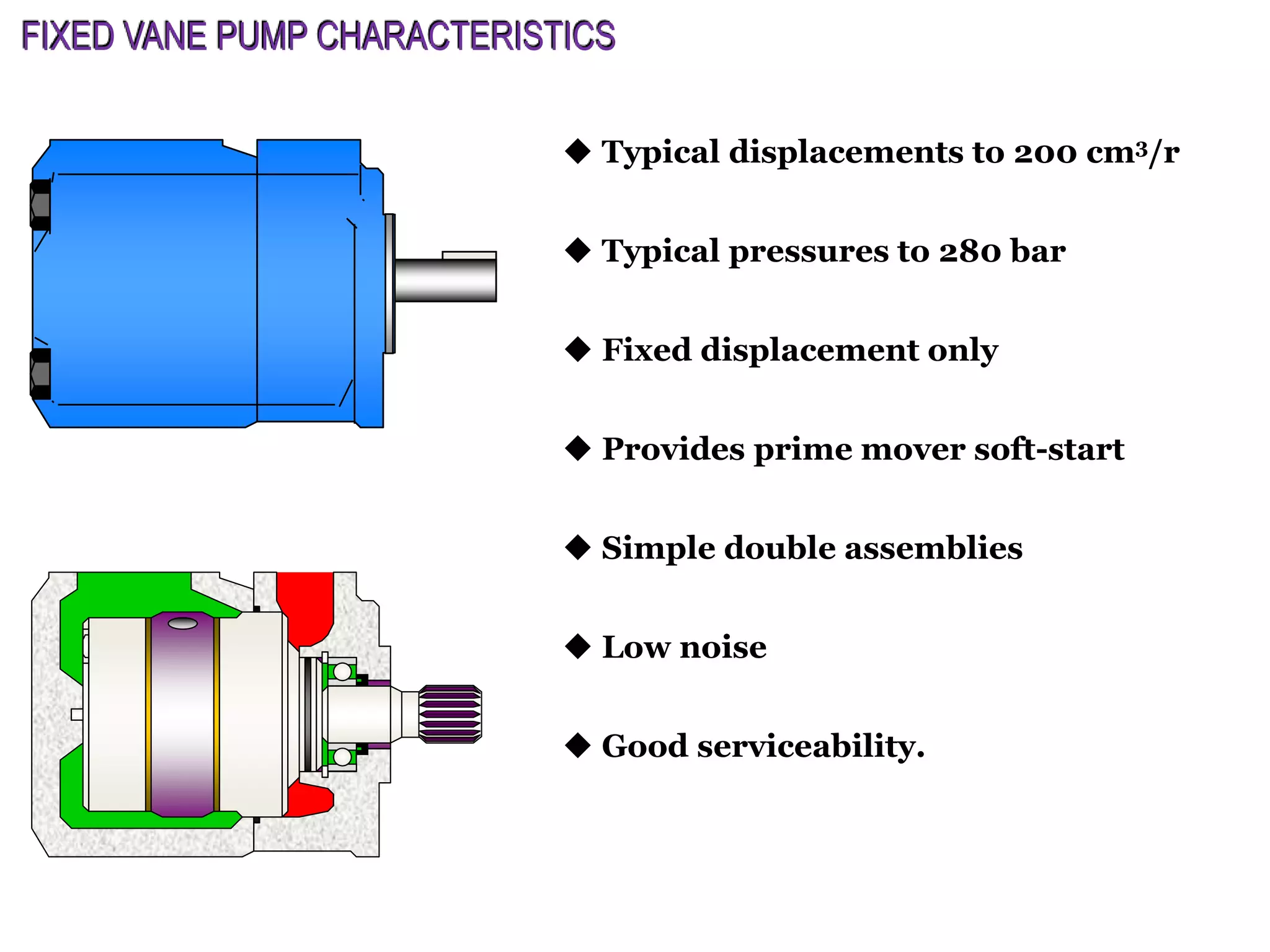  Typical displacements to 200 cm3/r
 Typical pressures to 280 bar
 Fixed displacement only
 Provides prime mover soft-start
 Simple double assemblies
 Low noise
 Good serviceability.
FIXED VANE PUMP CHARACTERISTICS
 