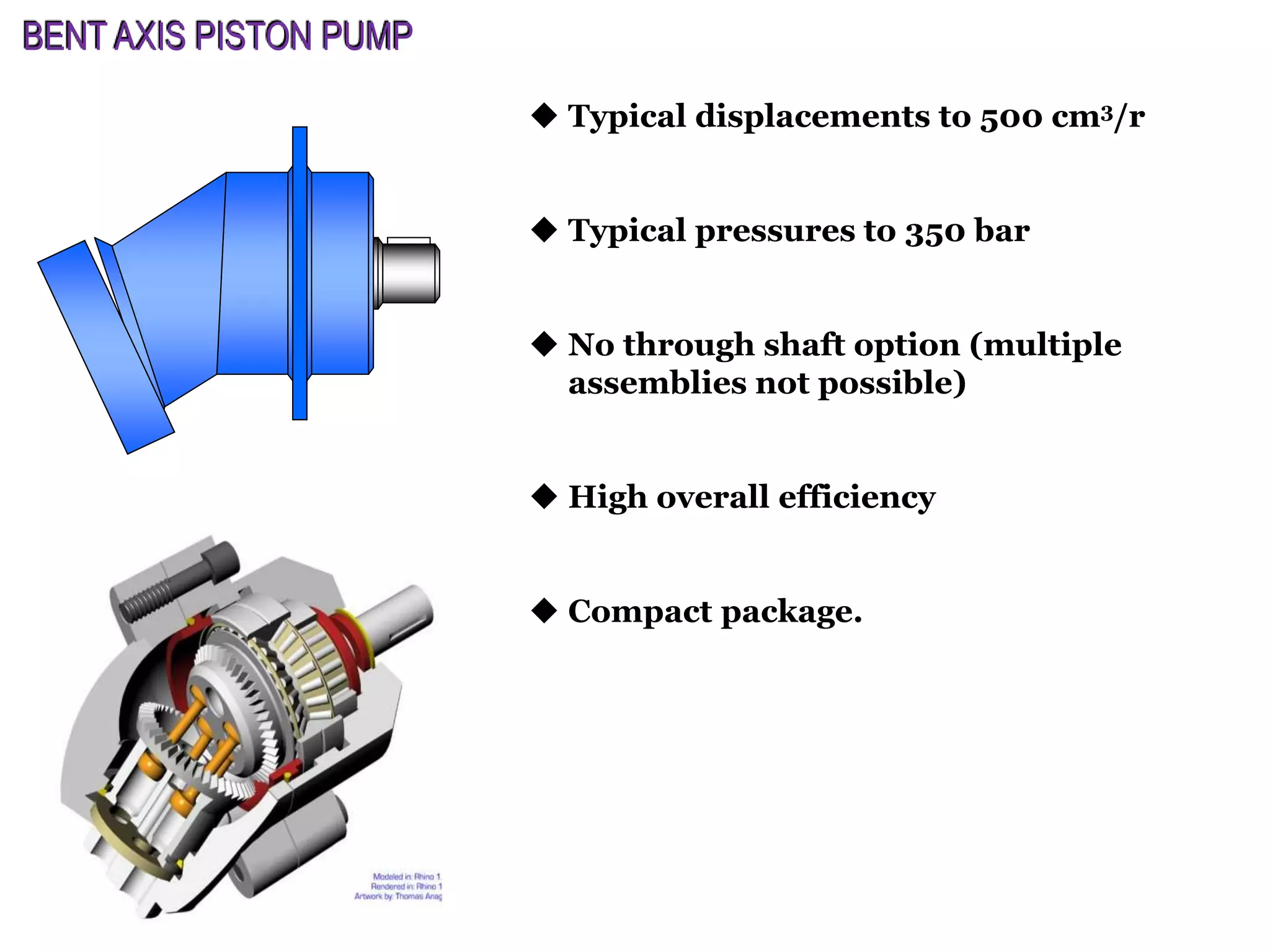  Typical displacements to 500 cm3/r
 Typical pressures to 350 bar
 No through shaft option (multiple
assemblies not possible)
 High overall efficiency
 Compact package.
BENT AXIS PISTON PUMP
 