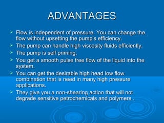ADVANTAGESADVANTAGES
 Flow is independent of pressure. You can change theFlow is independent of pressure. You can change the
flow without upsetting the pump's efficiency.flow without upsetting the pump's efficiency.
 The pump can handle high viscosity fluids efficiently.The pump can handle high viscosity fluids efficiently.
 The pump is self priming.The pump is self priming.
 You get a smooth pulse free flow of the liquid into theYou get a smooth pulse free flow of the liquid into the
system.system.
 You can get the desirable high head low flowYou can get the desirable high head low flow
combination that is need in many high pressurecombination that is need in many high pressure
applications.applications.
 They give you a non-shearing action that will notThey give you a non-shearing action that will not
degrade sensitive petrochemicals and polymers .degrade sensitive petrochemicals and polymers .
 