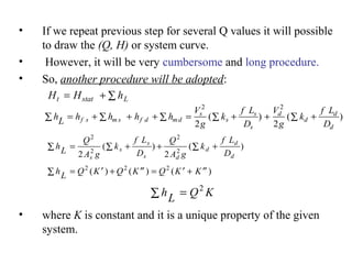 • If we repeat previous step for several Q values it will possible
to draw the (Q, H) or system curve.
• However, it will be very cumbersome and long procedure.
• So, another procedure will be adopted:
• where K is constant and it is a unique property of the given
system.
H H ht stat L= + ∑
hL h h h h
V
g
k
f L
D
V
g
k
f L
D
f s m s f d md
s
s
s
s
d
d
d
d
∑ = + ∑ + + = ∑ + + ∑ +∑
2 2
2 2
( ) ( )
hL
Q
A g
k
f L
D
Q
A g
k
f L
Ds
s
s
s d
d
d
d
∑ = ∑ + + ∑ +
2
2
2
2
2 2
( ) ( )
hL Q K Q K Q K K∑ = ′ + ′′ = ′ + ′′2 2 2
( ) ( ) ( )
hL Q K∑ = 2
 