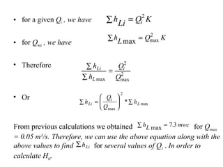 • for a given Qi , we have
• for Qmax , we have
• Therefore
• Or
hLi Q Ki∑ = 2
hL Q Kmax max∑ = 2
h
h
Q
Q
Li
L
i∑
∑
=
max max
2
2
h
Q
Q
hLi
i
L∑ =





 ∑
max
max*
2
From previous calculations we obtained for Qmax
= 0.05 m3
/s. Therefore, we can use the above equation along with the
above values to find for several values of Qi . In order to
calculate Hti.
hL mwcmax .∑ = 7 3
hLi∑
 
