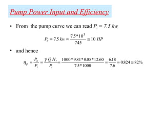 Pump Power Input and Efficiency
• From the pump curve we can read Pi = 7.5 kw
• and hence
P kw HPi = = ≅75
75 10
745
10
3
.
. *
η
γ
p
o
i
t
i
P
P
Q H
P
= = = = = ≅
1000 9 81 0 05 12 60
7 5 1000
618
7 6
0824 82%
* . * . * .
. *
.
.
.
 