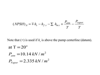 ( )NPSH h h h
P P
A s f s m s
atm vapor
= − − + −∑
γ γ
Note that (+) is used if hs is above the pump centerline (datum).
2
2
o
/335.2
/14.10
20Tat
mkNP
mkNP
Vapor
atm
=
=
=
 