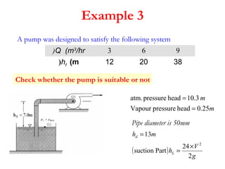 Example 3
A pump was designed to satisfy the following system
Q (m3
/hr) 3 6 9
hf
(m( 12 20 38
m
m
25.0headpressureVapour
3.10headpressureatm.
=
=
mhd 13=
Pipe diameter is 50mm
( )
g
V
hL
2
24
Partsuction
2
×
=
Check whether the pump is suitable or not
 