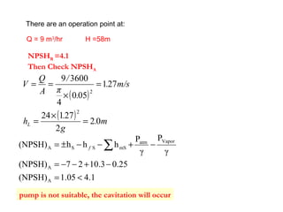 There are an operation point at:
Q = 9 m3
/hr H =58m
NPSHR =4.1
Then Check NPSHA
( )
( ) m.
g
.
h
m/s.
.
π
/
A
Q
V
L 02
2
27124
271
050
4
36009
2
2
=
×
=
=
×
==
4.11.05(NPSH)
0.2510.327(NPSH)
γ
P
γ
P
hhh(NPSH)
A
A
Vaporatm
mSSSA
<=
−+−−=
−+−−±= ∑f
pump is not suitable, the cavitation will occur
 