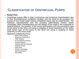 CLASSIFICATION OF CENTRIFUGAL PUMPS
 Radial Flow
 Centrifugal pumps differ in their constructive and functional characteristics due
to their pre-determined installation location and the liquid to be pumped. For
pumps of one model range various installation types may be implemented. The
hydraulic characteristics and the pumping performance remain nearly
unchanged. Main characteristics are the design of the shaft in the horizontal or
vertical position, the position of the pump connections and the connection type
of the pump to the drive unit using a coupling or direct assembly on the motor
shaft ection type of the pump to the drive unit using a coupling or direct
assembly on the motor shaft
 Applications of Radial Flow Pump
• Boiler Feed Systems
• Apparatus Construction
• Filter Systems
• Air Conditioning Industry
• Cooling Systems
• Cooling Lubricant Systems
• Plastics Industry
• Dairy Plant
• Surface Technology
• Cleaning Systems
• Re-cooling
 
