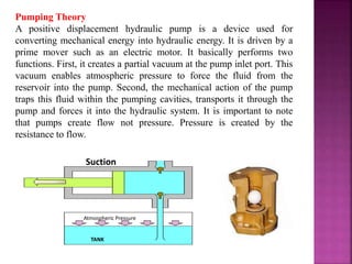 Pumping Theory
A positive displacement hydraulic pump is a device used for
converting mechanical energy into hydraulic energy. It is driven by a
prime mover such as an electric motor. It basically performs two
functions. First, it creates a partial vacuum at the pump inlet port. This
vacuum enables atmospheric pressure to force the fluid from the
reservoir into the pump. Second, the mechanical action of the pump
traps this fluid within the pumping cavities, transports it through the
pump and forces it into the hydraulic system. It is important to note
that pumps create flow not pressure. Pressure is created by the
resistance to flow.
Suction
Atmospheric Pressure
TANK
 