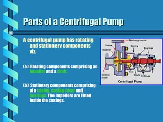 A centrifugal pump has rotating
and stationery components
viz.
(a) Rotating components comprising an
impeller and a shaft.
(b) Stationary components comprising
of a casing, casing cover and
bearings. The impellers are fitted
inside the casings.
Parts of a Centrifugal Pump
Parts of a Centrifugal Pump
 
