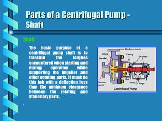 Shaft
The basic purpose of a
centrifugal pump shaft is to
transmit the torques
encountered when starting and
during operation while
supporting the impeller and
other rotating parts. It must do
this job with a deflection less
than the minimum clearance
between the rotating and
stationary parts.
.
Parts of a Centrifugal Pump -
Parts of a Centrifugal Pump -
Shaft
Shaft
 
