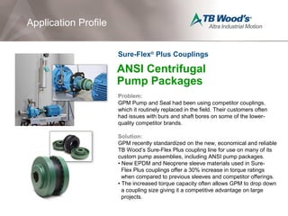 ANSI Centrifugal
Pump Packages
Problem:
GPM Pump and Seal had been using competitor couplings,
which it routinely replaced in the field. Their customers often
had issues with burs and shaft bores on some of the lower-
quality competitor brands.
Solution:
GPM recently standardized on the new, economical and reliable
TB Wood’s Sure-Flex Plus coupling line for use on many of its
custom pump assemblies, including ANSI pump packages.
• New EPDM and Neoprene sleeve materials used in Sure-
Flex Plus couplings offer a 30% increase in torque ratings
when compared to previous sleeves and competitor offerings.
• The increased torque capacity often allows GPM to drop down
a coupling size giving it a competitive advantage on large
projects.
Application Profile
Sure-Flex®
Plus Couplings
 