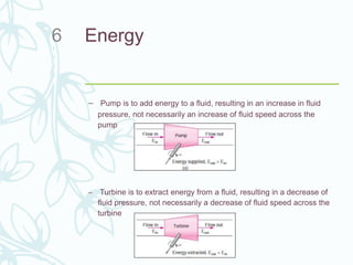 Energy
– Pump is to add energy to a fluid, resulting in an increase in fluid
pressure, not necessarily an increase of fluid speed across the
pump
– Turbine is to extract energy from a fluid, resulting in a decrease of
fluid pressure, not necessarily a decrease of fluid speed across the
turbine
6
 